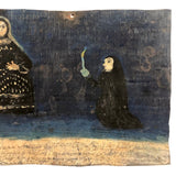 Super Folky 1936 Folk Art Retablo on Tin with Figures, Candle, Deep Blue Ground