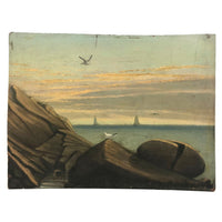 Old Folk Art Oil on Wood Panel Maine Seascape with Gulls