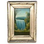 SOLD 1884 Oil on Tin Blue Waterfall  in Perfect Period Silver Leafed Frame, Signed D. Jaures