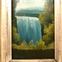 SOLD 1884 Oil on Tin Blue Waterfall  in Perfect Period Silver Leafed Frame, Signed D. Jaures