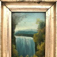 SOLD 1884 Oil on Tin Blue Waterfall  in Perfect Period Silver Leafed Frame, Signed D. Jaures