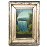 SOLD 1884 Oil on Tin Blue Waterfall  in Perfect Period Silver Leafed Frame, Signed D. Jaures