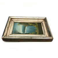 SOLD 1884 Oil on Tin Blue Waterfall  in Perfect Period Silver Leafed Frame, Signed D. Jaures