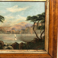 19th C Oil on Panel Presumed Hudson River School Landscape in Birds Eye Maple Frame