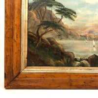 19th C Oil on Panel Presumed Hudson River School Landscape in Birds Eye Maple Frame