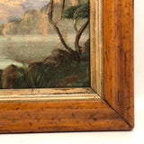 19th C Oil on Panel Presumed Hudson River School Landscape in Birds Eye Maple Frame