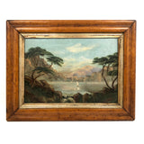 19th C Oil on Panel Presumed Hudson River School Landscape in Birds Eye Maple Frame