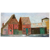 Vernacular Structures in Marvelous Palette, Unsigned Oil on Masonite Painting