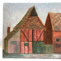 Vernacular Structures in Marvelous Palette, Unsigned Oil on Masonite Painting