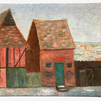 Vernacular Structures in Marvelous Palette, Unsigned Oil on Masonite Painting