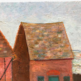 Vernacular Structures in Marvelous Palette, Unsigned Oil on Masonite Painting