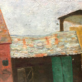 Vernacular Structures in Marvelous Palette, Unsigned Oil on Masonite Painting