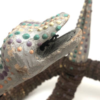 SOLD Old Folk Art Bottle Cap Snake with Carved Wood Head and Tail and Polka Dots