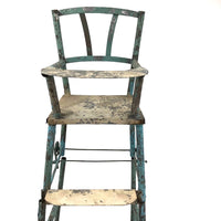 Brilliant Antique Tin Convertible 13 Inch High Chair / Desk and Chair in Original White and Baby Blue