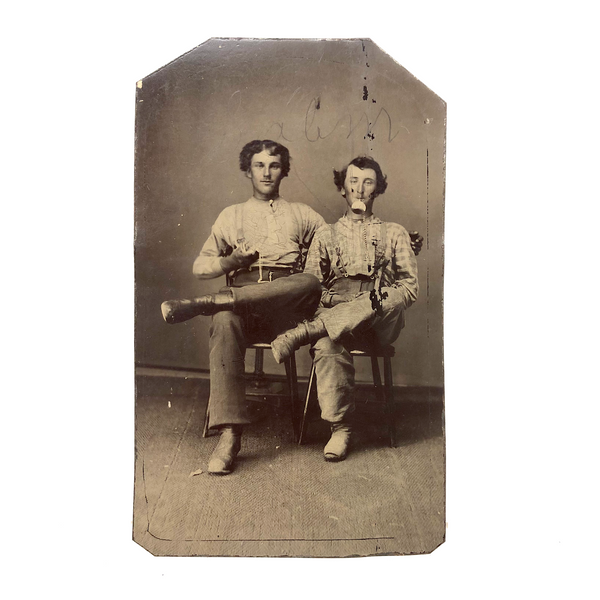 Curious 19th C. Tintype of Handsome Pair, Shiny Pocket Watch (?) In Mouth