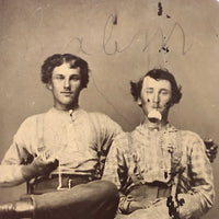 Curious 19th C. Tintype of Handsome Pair, Shiny Pocket Watch (?) In Mouth