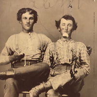 Curious 19th C. Tintype of Handsome Pair, Shiny Pocket Watch (?) In Mouth