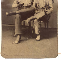 Curious 19th C. Tintype of Handsome Pair, Shiny Pocket Watch (?) In Mouth