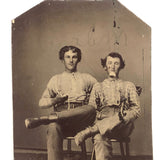 Curious 19th C. Tintype of Handsome Pair, Shiny Pocket Watch (?) In Mouth