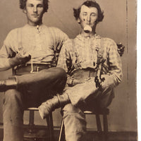 Curious 19th C. Tintype of Handsome Pair, Shiny Pocket Watch (?) In Mouth