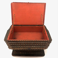 Very Nice C. Early 20th C. Chip Carved Tramp Art Pedestal Box with Red Painted Interior