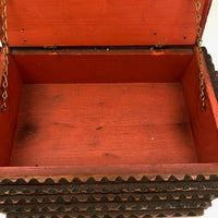 Very Nice C. Early 20th C. Chip Carved Tramp Art Pedestal Box with Red Painted Interior