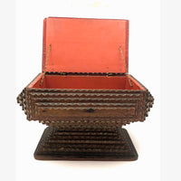 Very Nice C. Early 20th C. Chip Carved Tramp Art Pedestal Box with Red Painted Interior