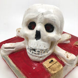 Black Magic! Fun Vintage Painted Chalkware Book with Skull and Cross Bones (and interesting provenance)