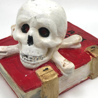 Black Magic! Fun Vintage Painted Chalkware Book with Skull and Cross Bones (and interesting provenance)