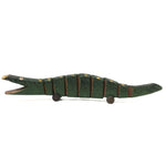 Wonderful Old Painted Wooden Folk Art Crocodile  on Tin Wheels