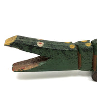 Wonderful Old Painted Wooden Folk Art Crocodile  on Tin Wheels