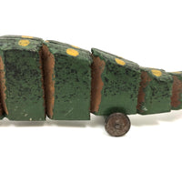 Wonderful Old Painted Wooden Folk Art Crocodile  on Tin Wheels