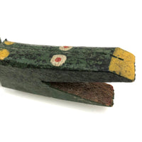 Wonderful Old Painted Wooden Folk Art Crocodile  on Tin Wheels