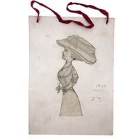 1910 Graphite Drawing of Fancy Woman in Huge Hat