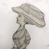 1910 Graphite Drawing of Fancy Woman in Huge Hat