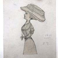 1910 Graphite Drawing of Fancy Woman in Huge Hat