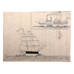 Blue and Black Ink Drawing of Two Ships with Math Problem on Reverse