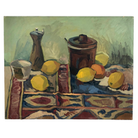 Vintage Oil on Board Tablescape Still Life with Lemons