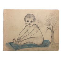 19th C. Double-Sided Naive Graphite & Crayon Drawing: Giant Baby Boy, Flowers