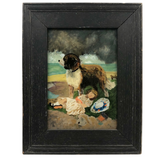 Antique Reverse Glass Painting of Sleeping Girl and  Dog, Framed