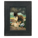 Antique Reverse Glass Painting of Sleeping Girl and  Dog, Framed