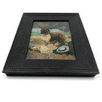 Antique Reverse Glass Painting of Sleeping Girl and  Dog, Framed