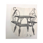 James Bone Couple with Backs Turned on Wicker Table, Drawing on Collage