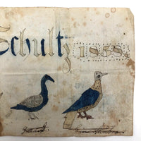 Abraham Schultz 1858 Fraktur Drawing of Birds, Fish, Squirrel