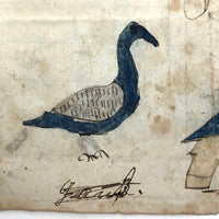 Abraham Schultz 1858 Fraktur Drawing of Birds, Fish, Squirrel