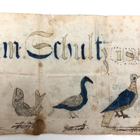 Abraham Schultz 1858 Fraktur Drawing of Birds, Fish, Squirrel