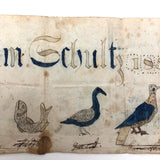 Abraham Schultz 1858 Fraktur Drawing of Birds, Fish, Squirrel