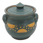 Cheerful Blue Glazed Pottery Sugar Bowl with Yellow Suns