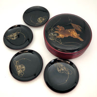 Japanese Vintage Lacquer Box With Painted Dog and Coasters