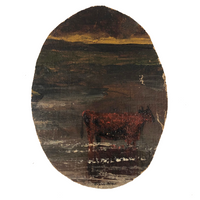 Miniature Antique Oil on Canvas Cow Painting in Silhouette Frame